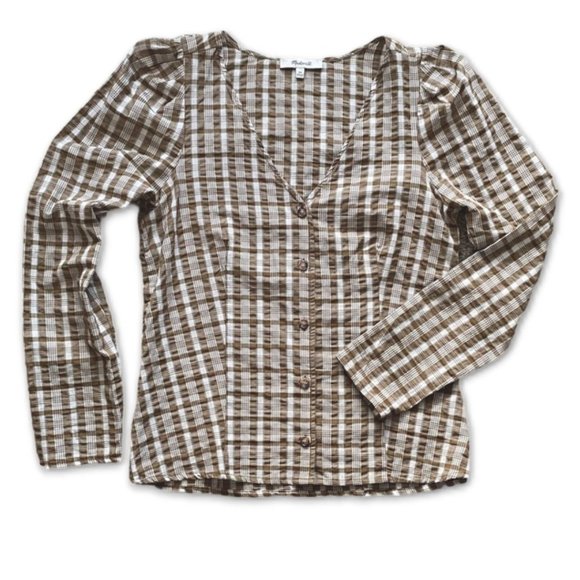 Madewell Tops - Madewell V-Neck Long Sleeve Button Down Blouse Size 00 Brown Plaid